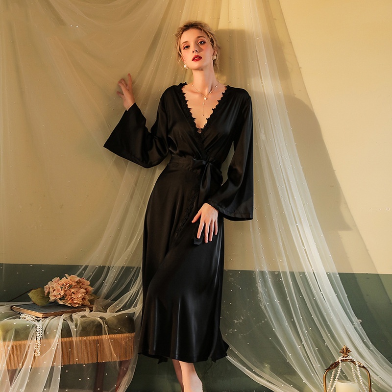 Women Pajamas Long Robe Set Lace Homewear Faux Silk Sleepwear Bathrobe